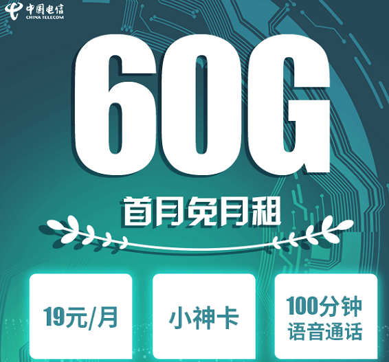 电信小神卡|19元/月,60G流量+100分钟语音,首月免月租